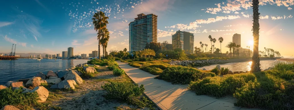 a panoramic view of long beach's coastline with modern high-rise buildings and palm trees along the shore.
