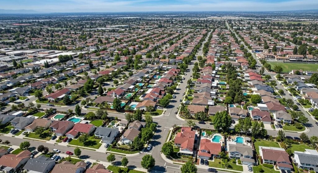 Aerial view of Cypress, California neighborhoods and homes