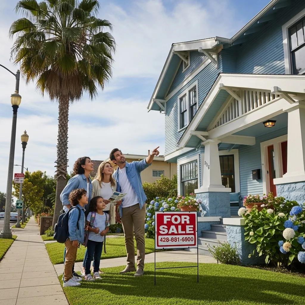 Family exploring a home for sale in a desirable Long Beach neighborhood, highlighting housing price trends