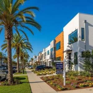 Long Beach neighborhood with modern homes and palm trees, representing the real estate market