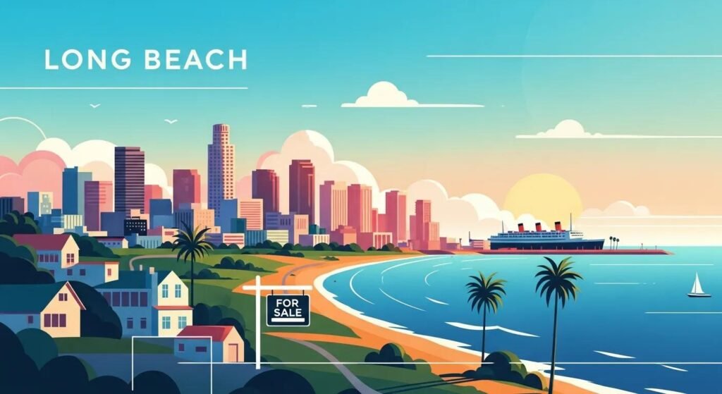 Aerial view of Long Beach coastline and neighborhoods