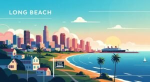 Aerial view of Long Beach coastline and neighborhoods