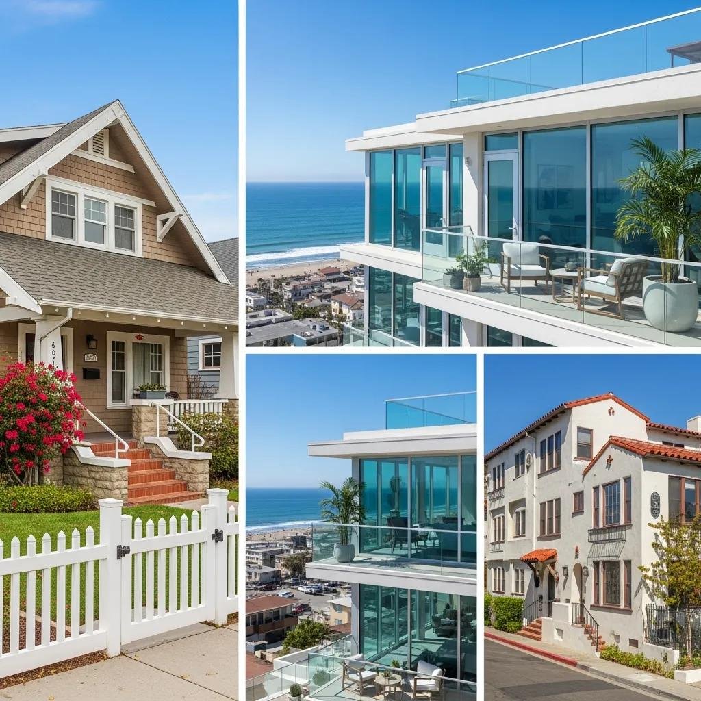 Collage of various home types in Long Beach, including single-family homes, condos, and multi-unit properties