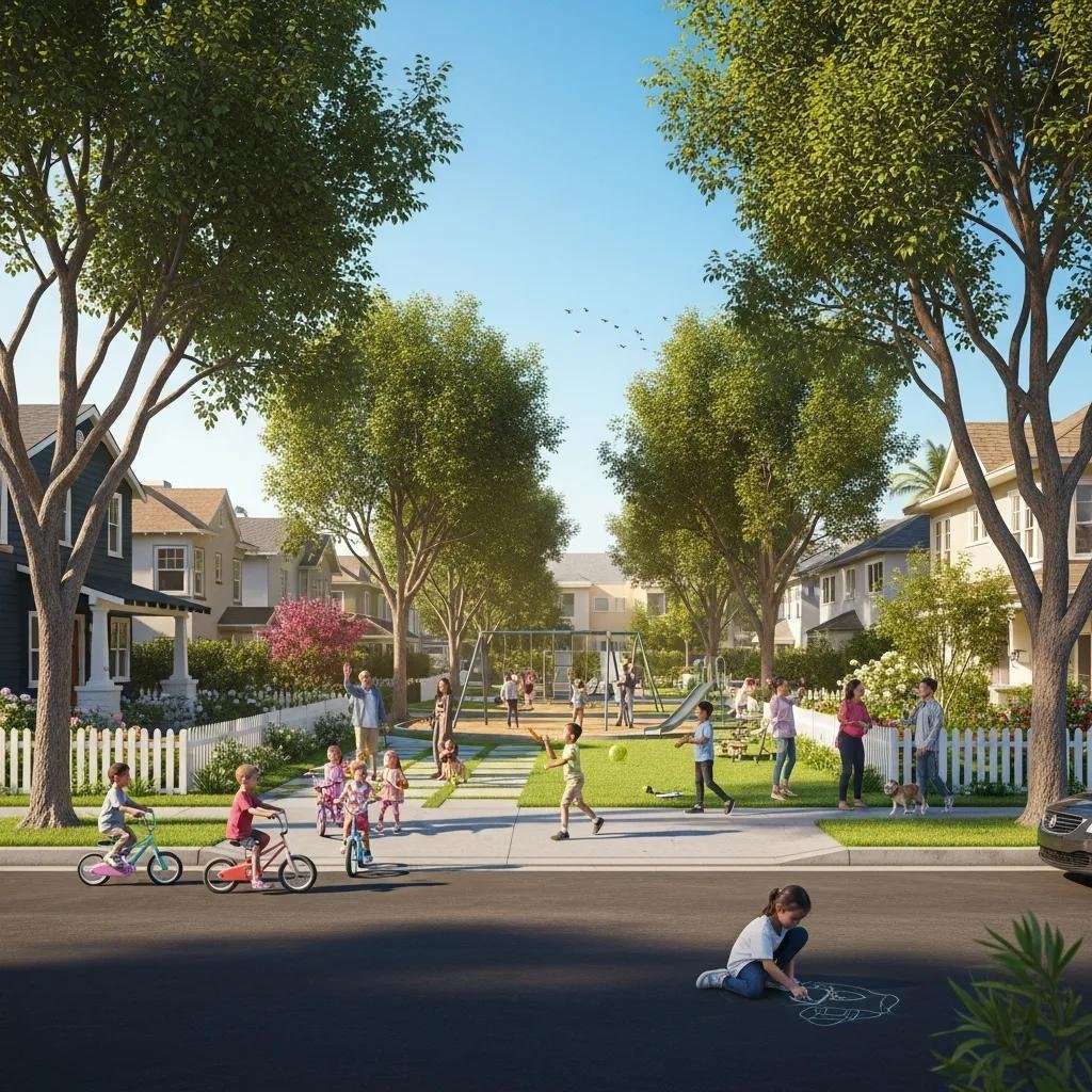 Family-friendly neighborhood in Long Beach with parks and children playing
