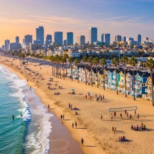 Vibrant coastal scene of Long Beach, California, highlighting beach houses and outdoor activities