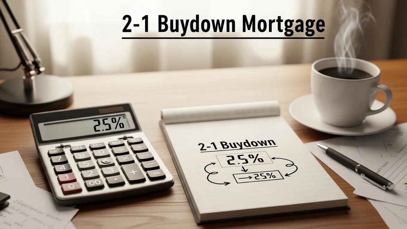 Calculator and notepad illustrating the 2-1 buydown mortgage concept, highlighting lower initial interest rates