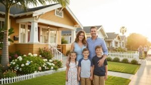 Family in front of a Long Beach home, representing the benefits of homeownership and community living